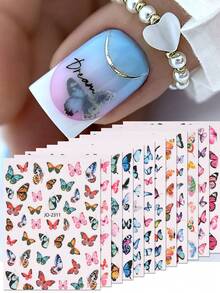 12片/套彩色蝴蝶美甲贴纸，蓝粉渐变蝴蝶美甲贴花，自粘式美甲贴纸，适合夏季DIY美甲装饰 - 彩色 - 查看 4