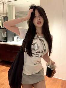 女式字母扎染印花修身露肩短袖休闲上衣T恤 - 白色 - 查看 3