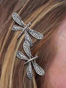 2个装女士复古银色蜻蜓发夹，个性化侧刘海夹，日常小发夹，学生用品，发卡，发饰，头部饰品，女士发饰 - 復古銀色 - 查看 8