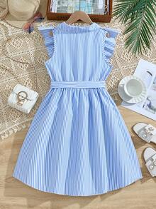 女童条纹衬衫，荷叶边下摆，无袖连衣裙，配腰带 - 藍色 - 查看 3