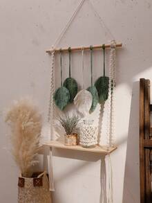 1 件手工编织 Macrame 挂架，带叶状流苏 - 波西米亚风格壁挂收纳整理器，适用于家居装饰、卧室或客厅 - 装饰性木质架子，用于展示和储存