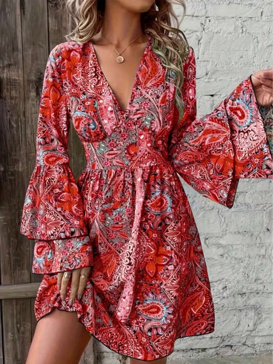 V-Neck Printed Long Sleeve A-Line Dress, Elegant - Red - View 1