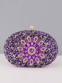 Luxus Strass Dekor Handtasche, kleine Clutch Geldbörse, elegante Abendtasche, Metallketten-Griff, modisch würdevolle Party Handgelenktasche, Braut Hochzeits-Tasche, passend für formelle Bankette, Partys, Hochzeiten, Frauengeschenke - Violett - Übersicht 1