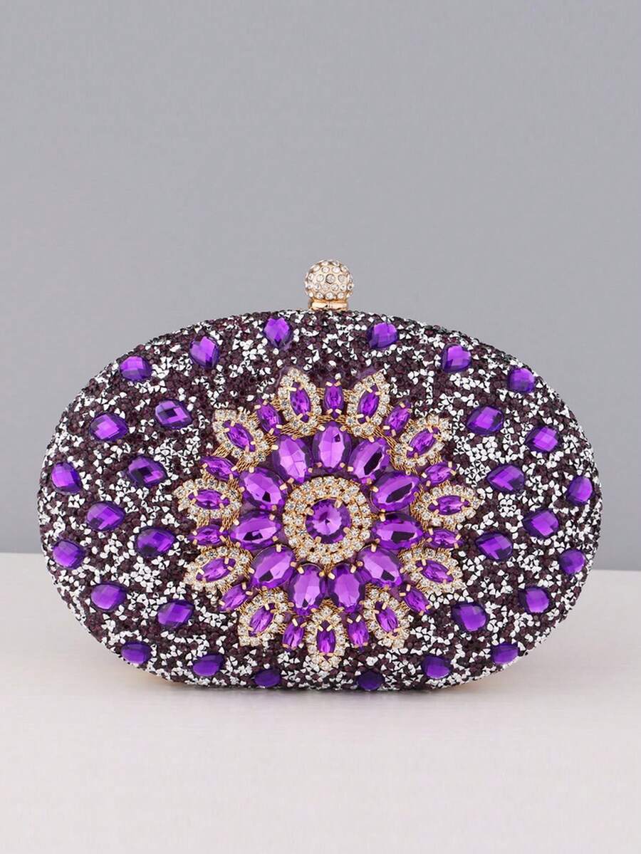 Luxus Strass Dekor Handtasche, kleine Clutch Geldbörse, elegante Abendtasche, Metallketten-Griff, modisch würdevolle Party Handgelenktasche, Braut Hochzeits-Tasche, passend für formelle Bankette, Partys, Hochzeiten, Frauengeschenke - Violett - Übersicht 1