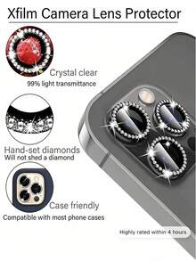 Rhinestone Lens Cover Compatible With IPhone 11-16 Pro Max; Available In Light Purple/Colorful/Black; 9H Super Anti-Explosion; 5D Full Edge; Real Diamond Particles; Dazzling; Outdoor Adventure Essential. Sparkling Crystal, A Gift For Family And Friends, Full-Coverage Lens Protector That Is Waterproof, Shockproof, Anti-Fall, Anti-Scratch, And Anti-Fingerprint. - Black - View 3