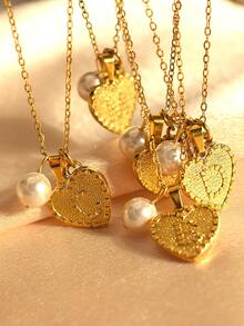 MECYLIFE 1pc Lovely Mom Gift Faux Pearl & Crystal Heart Initial Letter Necklace - Heart Letters - View 7