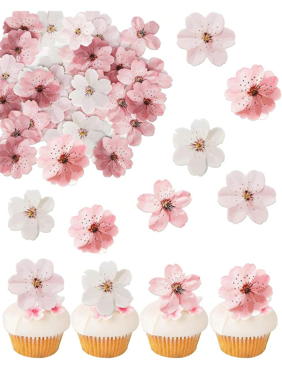 10/30/50 piezas Decoraciones para cupcakes con flores de cerezo, decoraciones de flores de cerezo 3D para pasteles, flores de papel de oblea para decorar cupcakes para baby shower, cumpleaños, boda, decoraciones y suministros para fiestas, coloridos - Multicolor - Ver 1