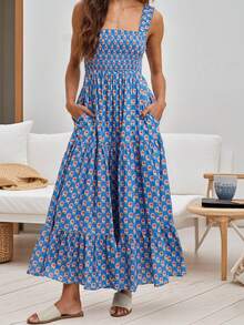 Women Floral Tank Dress Smocked Square Neck Sleeveless Backless A-Line Long Tiered Ruffle Dress With Pockets - Blue - View 2