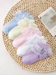 5双春夏女童/幼儿女童袜，甜美可爱公主风蕾丝荷叶边袜，亲肤柔软舒适，时尚蕾丝边袜，适合日常穿着、搭配公主裙、送礼、返校、婚礼等场合。 - 彩色 - 查看 5