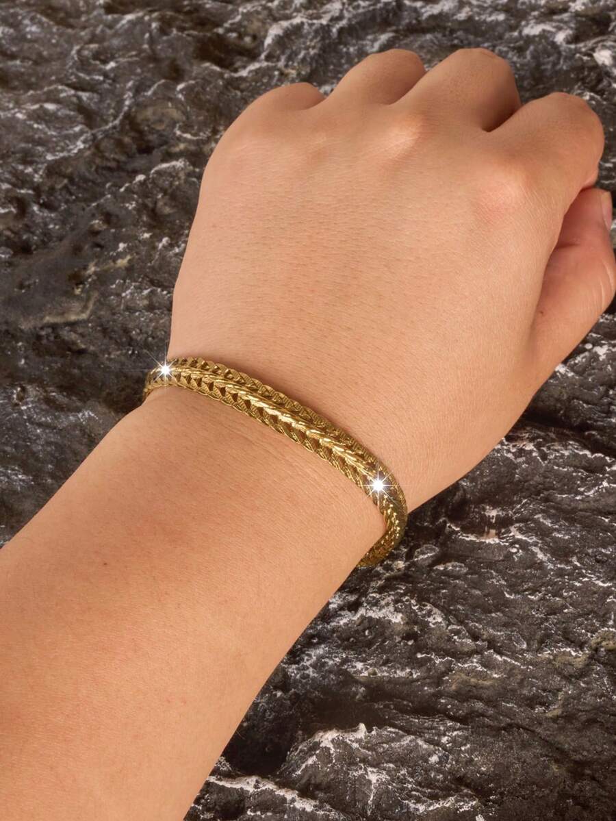 1pc 18K Gold Plated Stainless Steel Textured Adjustable Bracelet, Suitable For Men's Daily Wear - Gold - View 1