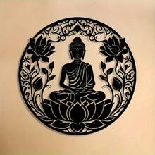 1pc Intricate Zen Buddhist Statue & Floral Design Creative Metal Black Decorative Wall Hanging, Suitable For Living Room, Entryway, Meditation Room, Home Decor, Yoga Enthusiasts Gift, Blessing Ornament - Black - View 2