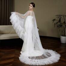 1 pieza Chaqueta con capucha de gasa multicapa transparente para novia, con dobladillo de volantes fruncidos, para fotos de boda