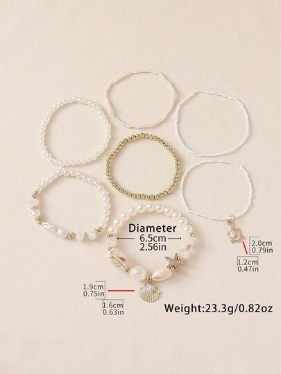 7pcs/Set Seashell, Faux Pearl And Starfish Layered Bracelets, Bohemian Style Stackable Design, Suitable For Girls, Beach Holiday Casual, Casual Shell Pattern, Great Gift