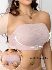Plus Size Front Button Lace Wireless Comfortable Bra - Pink - View 3