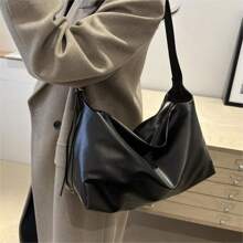 Black Minimalist Leather Shoulder Bag, Large Capacity