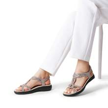 Women Comfort Flat Sandals Rhinestone Orthopedic Sandals Summer Walking Sandals With Elastica Back Strap Slip-On Vacation Beach Flats Shoes