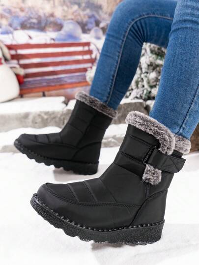 Outdoor Thermal Lined Snow Boots For Women, Mid-Calf Round Toe Flat Heel, Plus Size, Waterproof Anti-Slip High-Top Boot, Cold-Resistant, Mom Shoes, Black