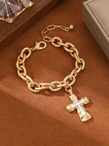 1 Piece Chunky Chain Cross Necklace For Women,Fashion Chunky Bracelet,Copper Alloy Electroplating 14K Gold,Gift For Summer Vacation,Hip Hop Party,Festival