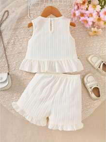 2 pezzi Set top e shorts estivo per ragazze, design con balze in pizzo alla moda, comodo e traspirante, essenziale per l'abbigliamento all'aperto