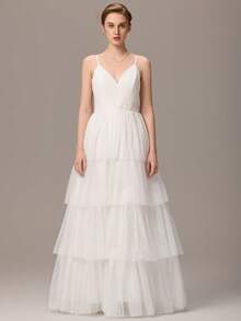 Luxurious Tulle Spaghetti Strap Tiered Wedding Dress With Back Bow Bridal Gown For Beach Garden Wedding Party - White - View 7