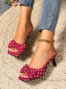 Spring/Summer Women's Square Toe High Heel Bowknot Dress Sandals, Sexy Open Toe Slide Sandals - Red and White - View 3