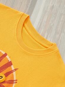 1pc Kids Casual Tiger Head Embroidery Graphic Round Neck Short Sleeve T-Shirt, Fashionable Spring/Summer - Yellow - View 4