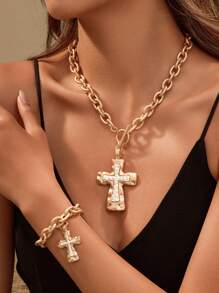 1 Piece Chunky Chain Cross Necklace For Women,Fashion Chunky Bracelet,Copper Alloy Electroplating 14K Gold,Gift For Summer Vacation,Hip Hop Party,Festival