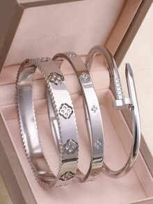 Fashion 18K Gold Plated Stainless Steel Floral Bangle Bracelets, Cubic Zirconia Inlaid, Waterproof, European Style Wrist Jewelry For Women, Casual, Wedding, Party, Valentine's Day Gift,Mom,Mother,Mother's Day,Gift - Five-leaf Clover Style - View 4