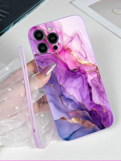 1pc Purple TPU Marble Pattern Shockproof Phone Case And 1pc Purple Silicone Wrist Strap Waterproof Anti-Fall Scratch Resistant,International Version, Not The Domestic Version