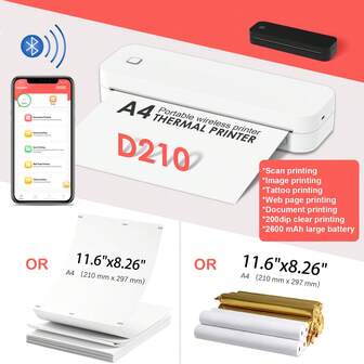 A4便携式无线热敏旅行打印机 - 兼容/安卓/Windows系统，支持8.5英寸*11英寸美式信纸尺寸，是办公室/家庭/车载使用的理想之选 | 可选择打印机或纸张模式