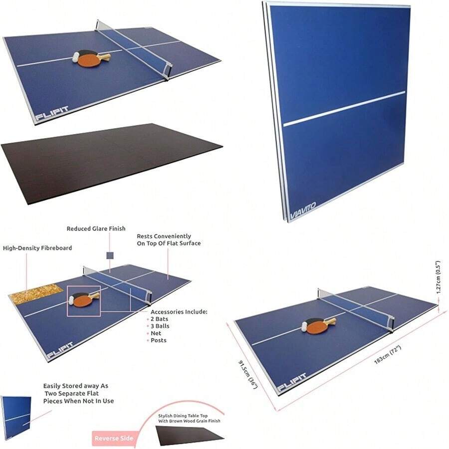 Flipit 6ft Table Tennis Top Indoor Games Table Table Tennis Set Inc. Bats Balls Net Posts For Families Adults And Reversible Ping Pong Folding Top - Blue - View 1