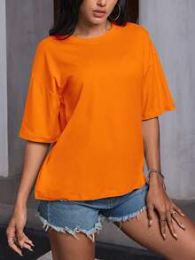 Women's Short Sleeve T-Shirt - Front And Back Customizable - Add Your Own Text (Color And Font Optional), Pattern Print Summer - Orange - View 6