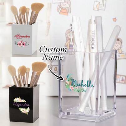 Customized Name Practical Acrylic Pen Holder Pencil Cup Stationery Holder Multifunctional Desk Organizer Makeup Brush Storage Holders Sturdy Office Desk Accessories Personalized Design Study Decor