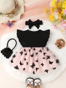 2pcs Set, Casual Elegant Sweet Cute Baby Girl Dress, Soft & Comfortable, Bow Decor Ruffle Hem Floral Embroidery Mesh Princess Dress & Headband Set, Baby Girl Clothing, Toddler Girl Outfit, Suitable For Daily Wear, Vacation, Party, Photography