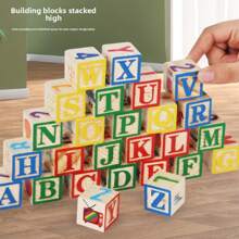 27pcs Wood Printed ABC Building Blocks, Upper Case Letters & Numbers Learning Blocks, Everyday Objects Cognitive Building Blocks, Stackable Educational Toy For Kids