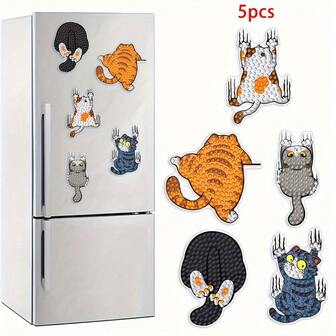 Set de 5 imanes de nevera de pintura de diamantes acrílica DIY - Diseño de gato lindo, kit de manualidades con diamantes redondos para decoración del hogar, nevera y buzón