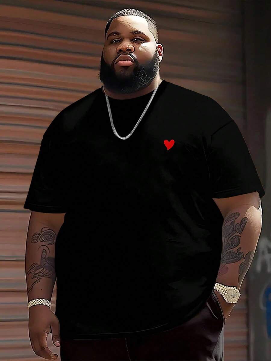 Men's Black With Red Heart Print T-Shirt, Polyester Round Neck Short Sleeve T-Shirt, Casual Street Wear, Loose Fit, Plus Size - Multicolor - View 1