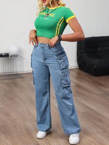 Women's Straight-Leg Cargo Denim Jeans For Street Fashion And Casual Style - 淺色水洗藍 - 查看 5
