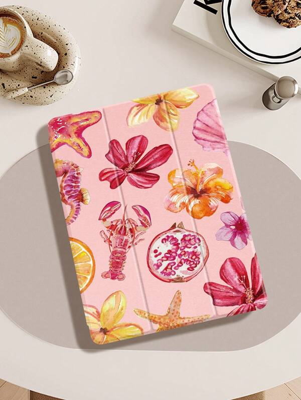 Zomer telefoonhoesje Hibiscus Oceaan elementen Roze achtergrondpatroon Tablet beschermhoes, compatibel met iPad 9.7/10.2/10.5/10.9/12.9/Pro 11, 10e generatie, compatibel met Samsung Galaxy Tab S6 Lite 10.4 inch, compatibel met Kindle Paperwhite 12e generatie 2024, Kindle (11e generatie) 2022 release, zachte anti-valbescherming, slimme standaard/automatisch wekken/slapen