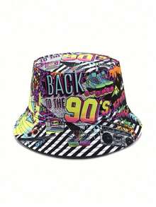 1 件男士彩色涂鸦磁带 90 年代图案双面复古渔夫帽，适合旅行和派对街头 - 彩色 - 查看 9