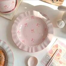 6 件套可爱蝴蝶结陶瓷餐具套装（2 个碗、2 个盘子、2 个勺子）、麦片/燕麦片碗、早餐盘，适合返校、节日礼物、居家/餐厅/派对使用，可微波炉加热