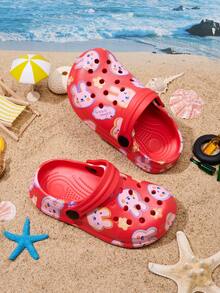 1 par de zuecos de playa cómodos y de moda con estampado de conejo para niñas, primavera/verano - Rojo - Ver 3