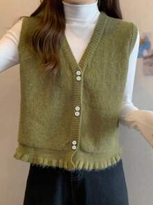 Alicedudu Damen Herbst/Winter V-Ausschnitt Strickweste mit Rüschen-Saum Design