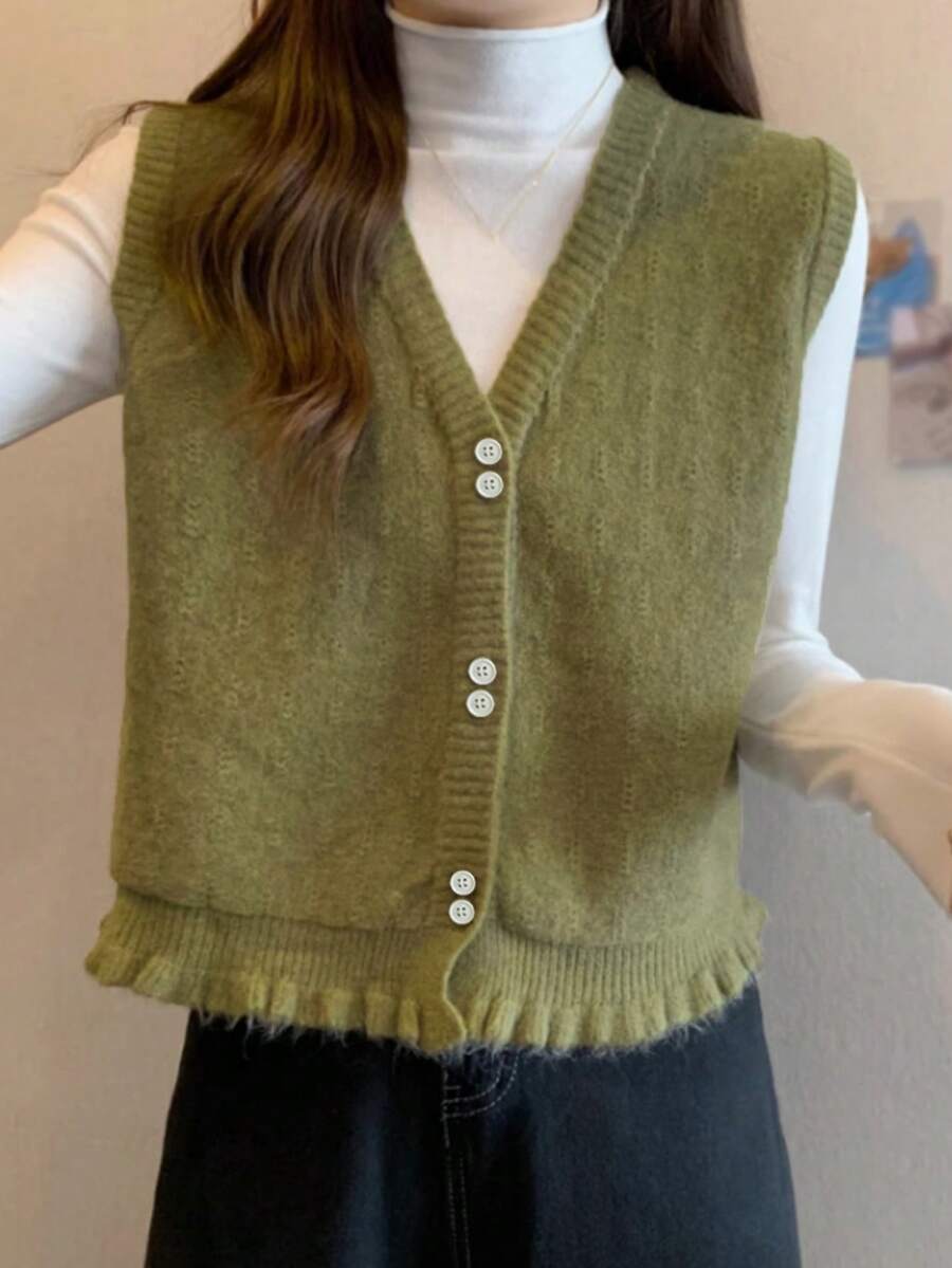 Alicedudu Damen Herbst/Winter V-Ausschnitt Strickweste mit Rüschen-Saum Design