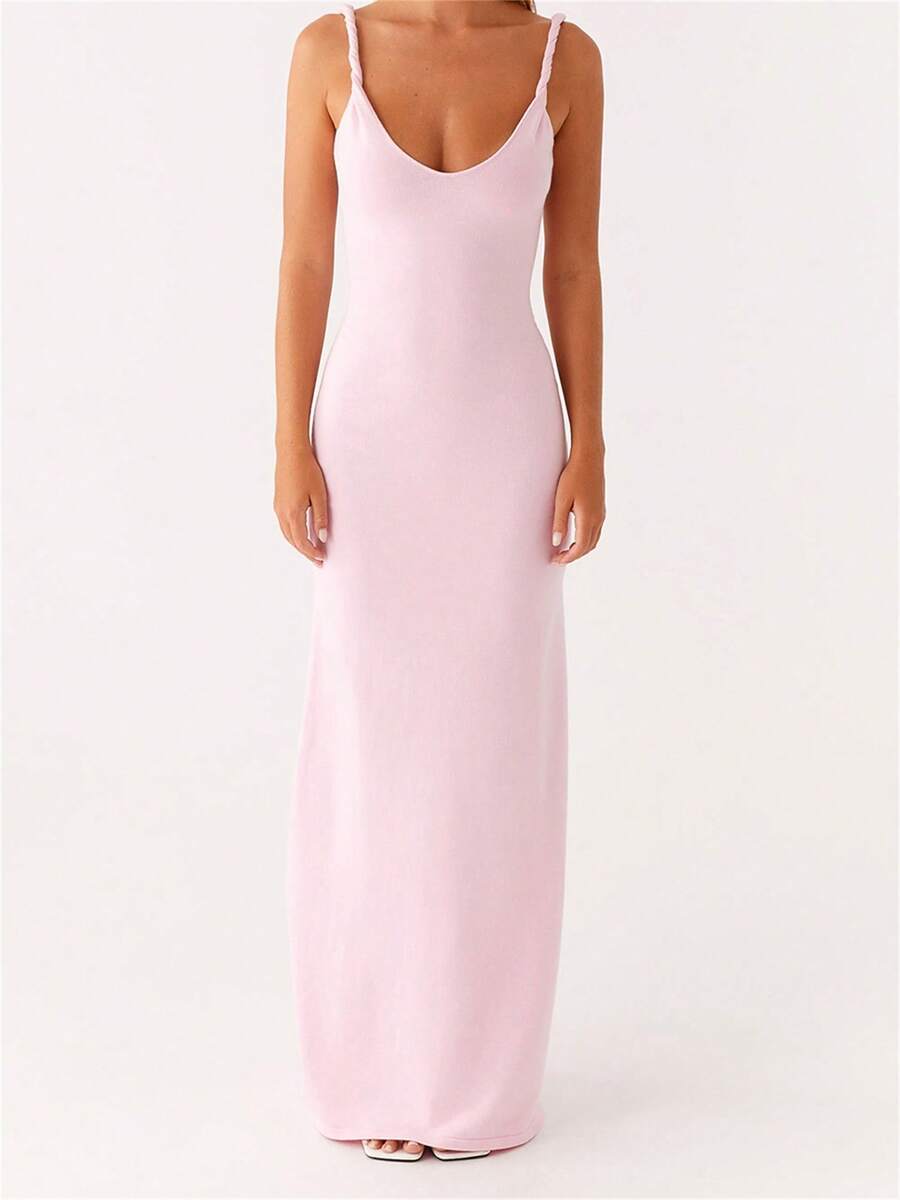 Women Sleeveless Dress Summer Solid Color Twisted Straps V-Neck Backless Party Dress For Vacation Beach Streetwear - Hồng - Xem 1