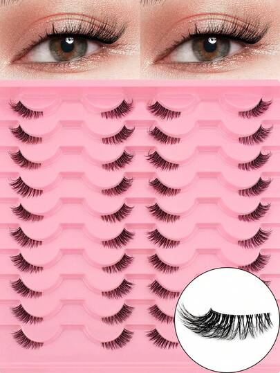 20 paires de faux-cils mi-longs au look naturel avec un bandeau transparent. Regard yeux de chat effiloché et moelleux. Faux-cils courts naturels pour accent de coin d'œil. Faux-cils 3/4 réutilisables. Pack de bandes de faux-cils