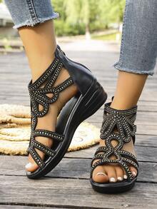 Women's Wedge Heel Rhinestone Embellished Strap Thick Sole Sandals - Black - View 6
