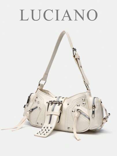 【関コレ25 A/W ITEM】 新作 春夏用のバイクバッグ Y2Kスタイル 大容量 マルチポケット トートバッグ リベット ショルダーバッグ クロスボディバッグ デザイン センス アームピットバッグ ファッションニッチ ダークベージュ