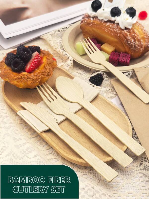 Juego de utensilios desechables de bambú, incluye cuchillo, tenedor, cuchara y servilleta. Resistente al agua, a las grasas, resistente y confiable, sin deformación. Apto para microondas. Adecuado para comida para llevar, reuniones, barbacoas al aire libre, vacaciones y fiestas.