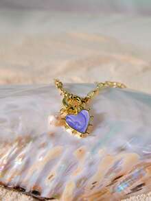 Tropiscape 1pc 18K Gold Plated Cute Pink Blue Enamel Heart Pendant Necklace For Women Girls Collar Jewelry Party Gift Valentines Autumn Winter Gifts